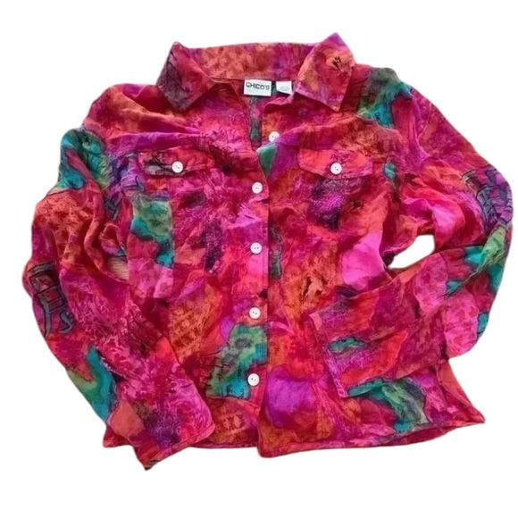 Colorful 100% Silk Button Down Sheer Blouse hippie boho flowy feminine SIZE 1/M - Picture 1 of 7